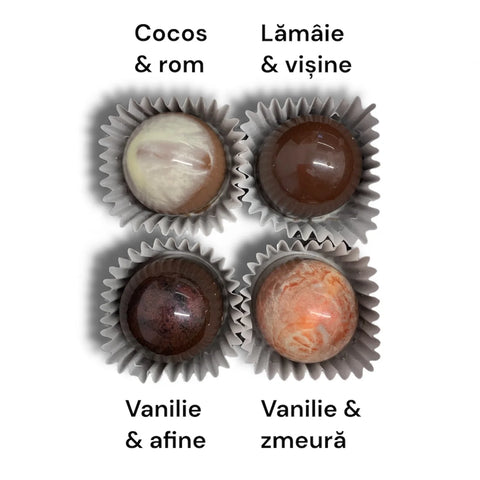 Cutie cu 4 bomboane de ciocolata. Gusturi de fructe