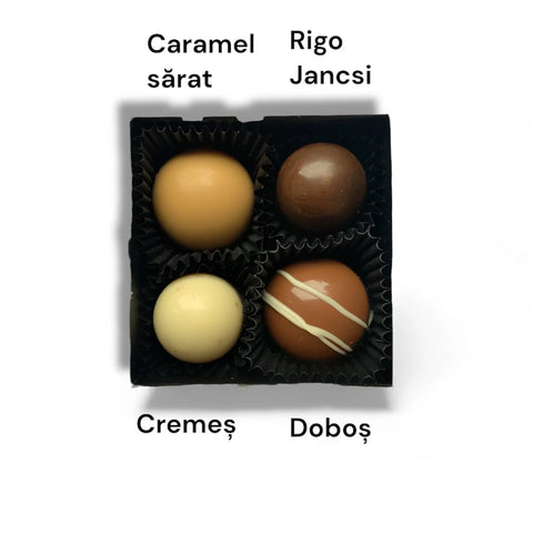 Cutie cu 4 bomboane de ciocolata artizanala. Capsula cu prajituri. Gusturi